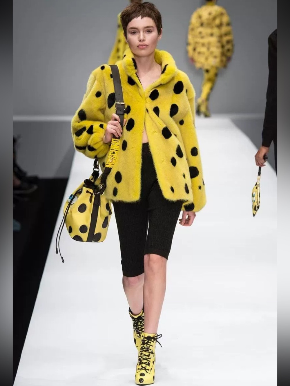 Moschino Spongbob Yellow and Black Polka Dot Shoulder Bucket Bag with Straps